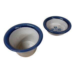 Vtg BRINKER POTS stoneware farmhouse bowls blue on cream early American rustic